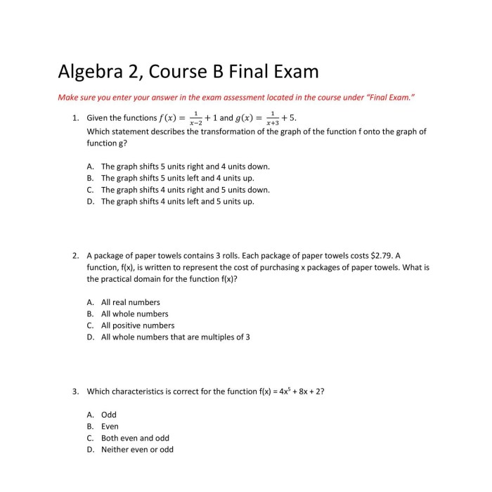 Algebra 2 final exam answers